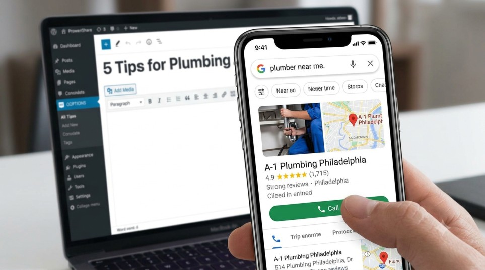 local small business blogging. A close-up view of a smartphone screen displaying a local service map result, showing a business listing with high reviews and a 'Call' button, illustrating the value of a Google Business Profile over generic informational articles.