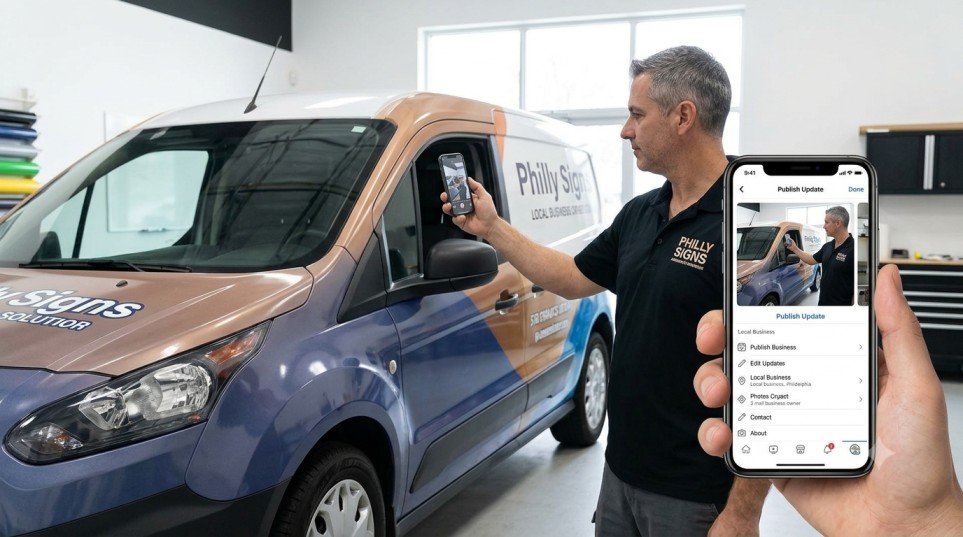 A small business owner in a workshop uses a smartphone to take a photo of a completed project, immediately updating their professional Google Business Profile, demonstrating efficient visual marketing over lengthy blog writing.